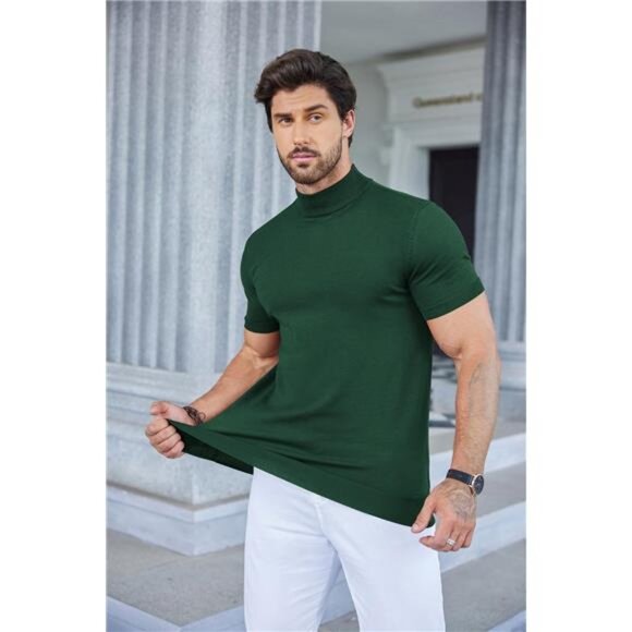 Mens Mock Turtleneck Sweater Short Sleeve Casual Dress Sweater Shirt - Picture 6 of 6